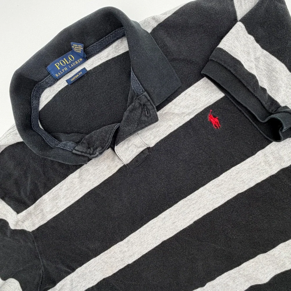 Polo Ralph Lauren Mens XXL‎ Custom Fit Striped Polo Shirt Black Grey Rugby Pony